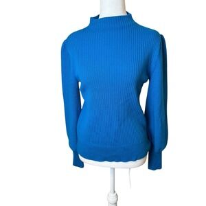 Trina Turk Tom Collins Merino‎ Wool Mock Neck Sweater Small Blue Ribbed Casual